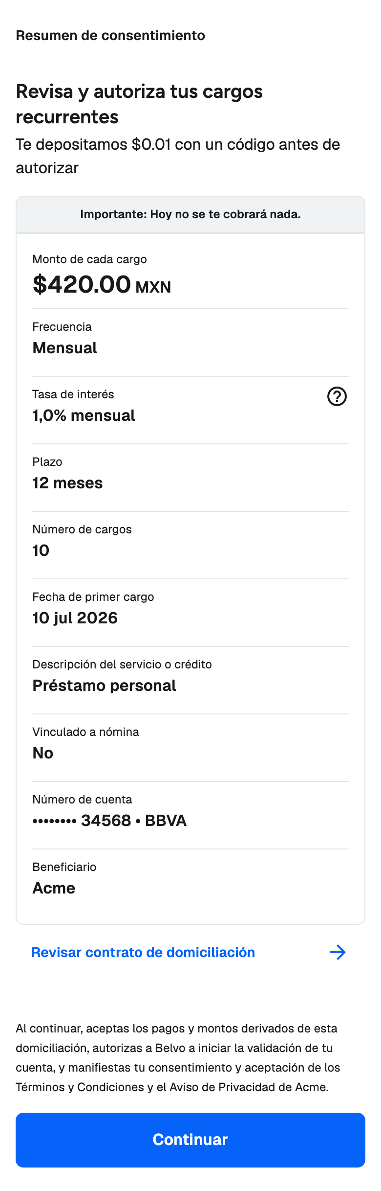 Authorization summary for recurring charges