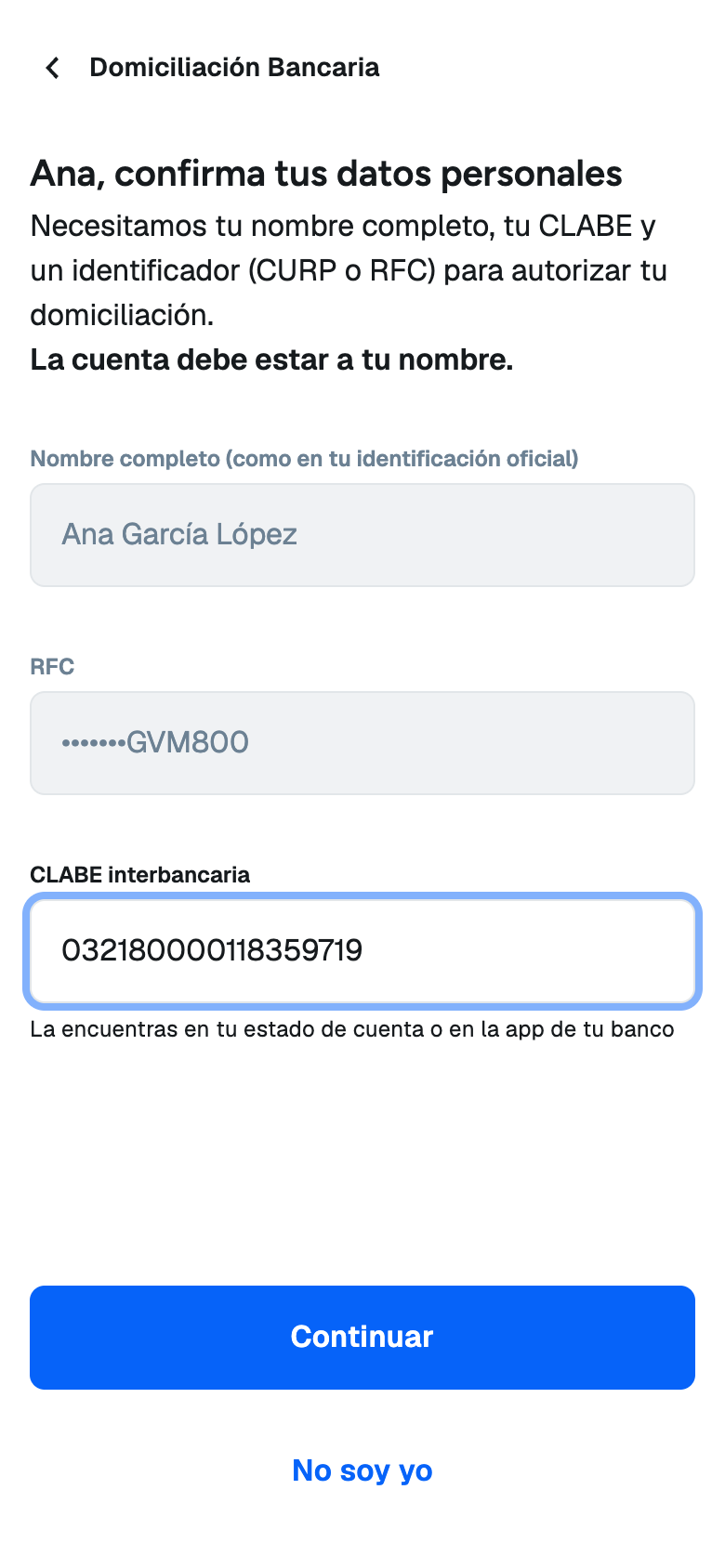 Consent link personal data and CLABE screen